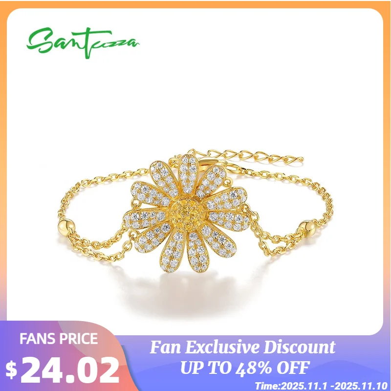 

SANTUZZA Аутентичный браслет из стерлингового серебра 925 пробы для женщин, сверкающий белый CZ, нежный цветок, регулируемый шикарный комплект ювелирных украшений
