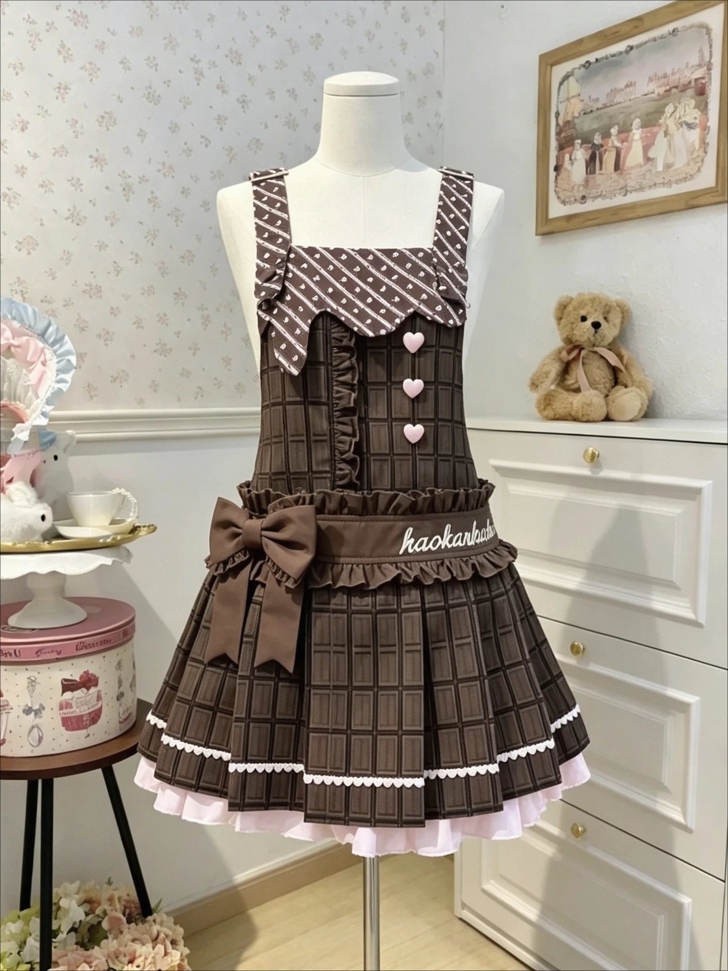 Japanese Sweet Lolita JSK Dress Heart Button Bow Detail Brown  Chocolate Plaid Decoration Harajuku Subculture Kawaii Outfit