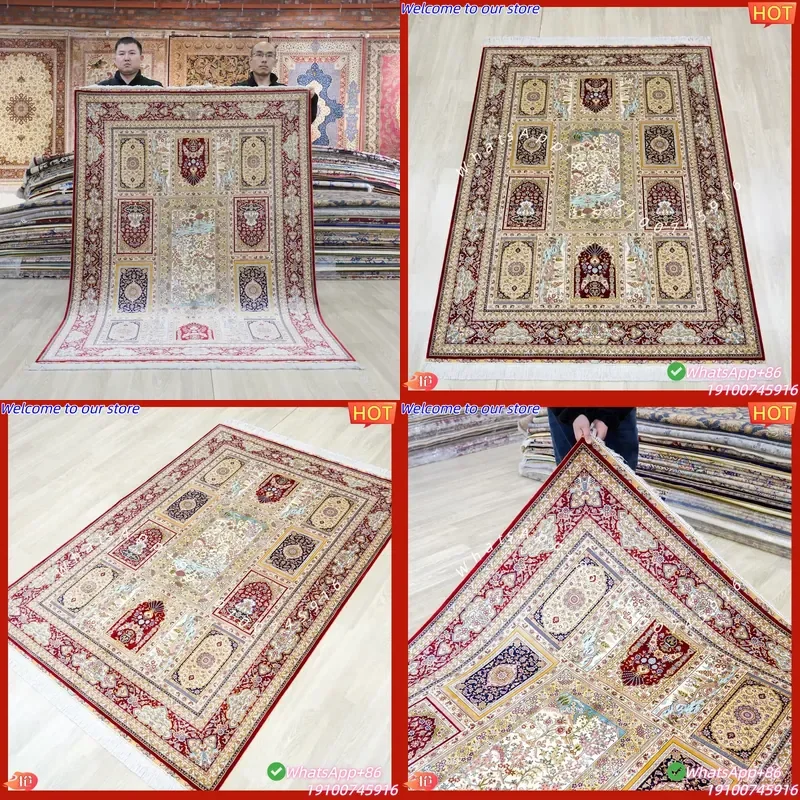 CECertificate 4.5x6.5ft Vintage Oriental China Hand Knotted 100% Plain Silk Carpet Floral Pattern Low Pile Washable