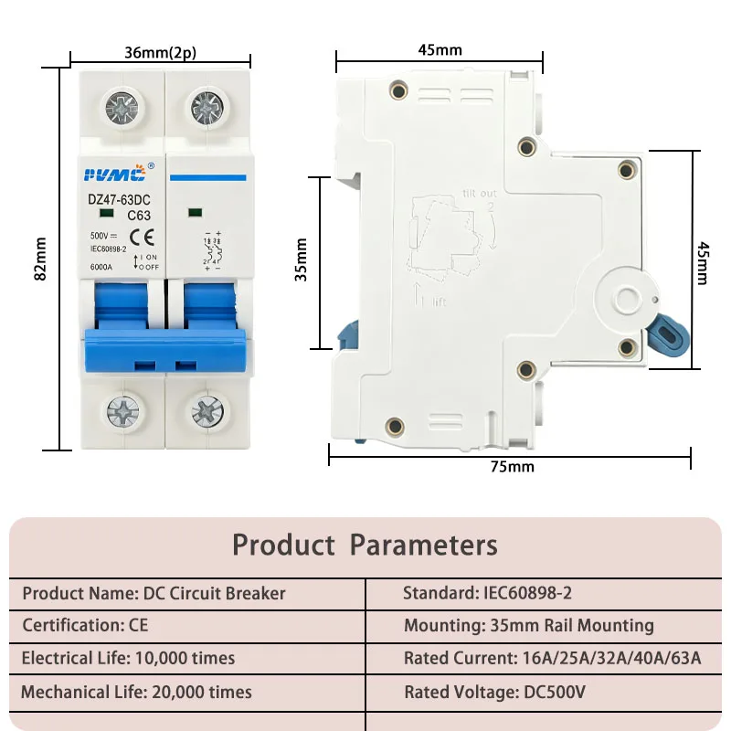 2 Pole DC Mini Circuit Breaker DZ47-63DC C63 63A 500V DC MCB Solar PV System Disconnect Switch Overcurrent Protection Air Switch image 5