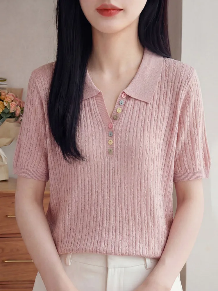 Slimming Loose Knitted Short Sleeve Shirt with Turn-down Collar And  Buttons Breathable Thin Top for Women Casual Style