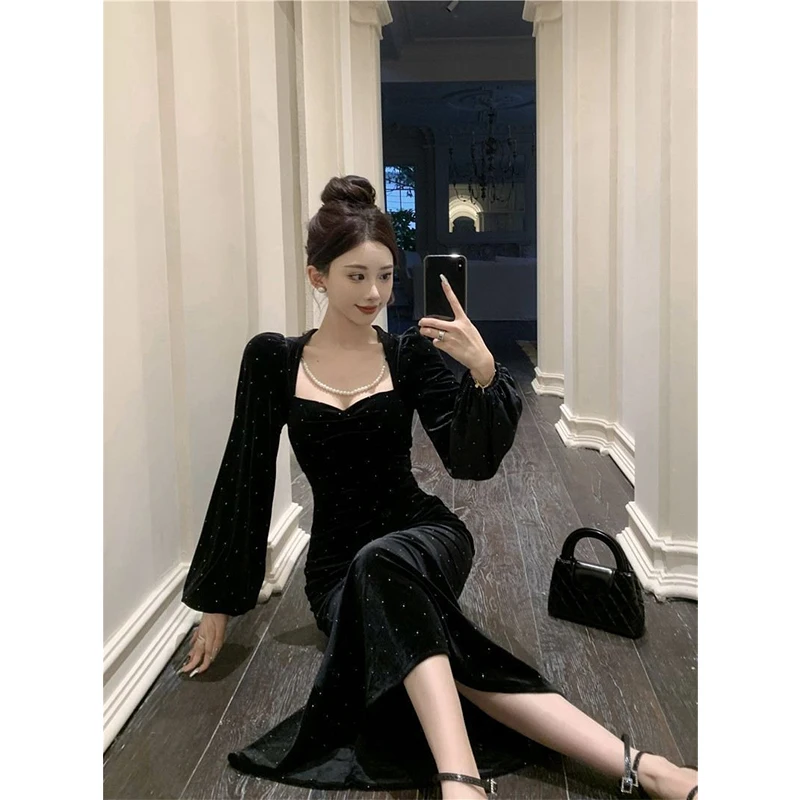 فستان ميدي أسود مخملي عتيق للنساء أنيق للحفلات واللؤلؤ الماسي فساتين حورية البحر شتوية كورية بأكمام طويلة فساتين ضيقة جديدة #2