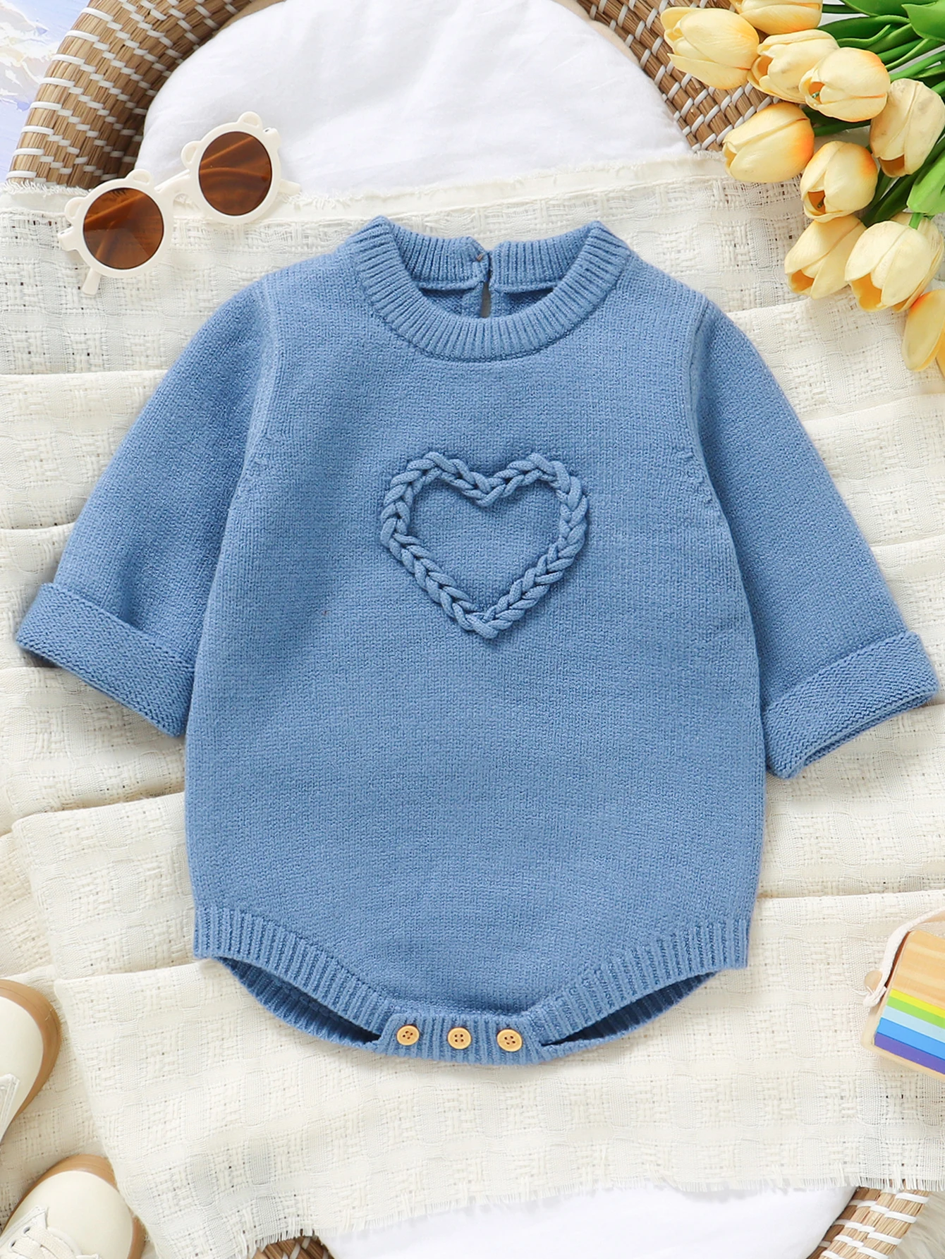 

Solid Color Baby Boy Knitted Onesie - Versatile 3D Heart Design Crew Neck Jumpsuit
