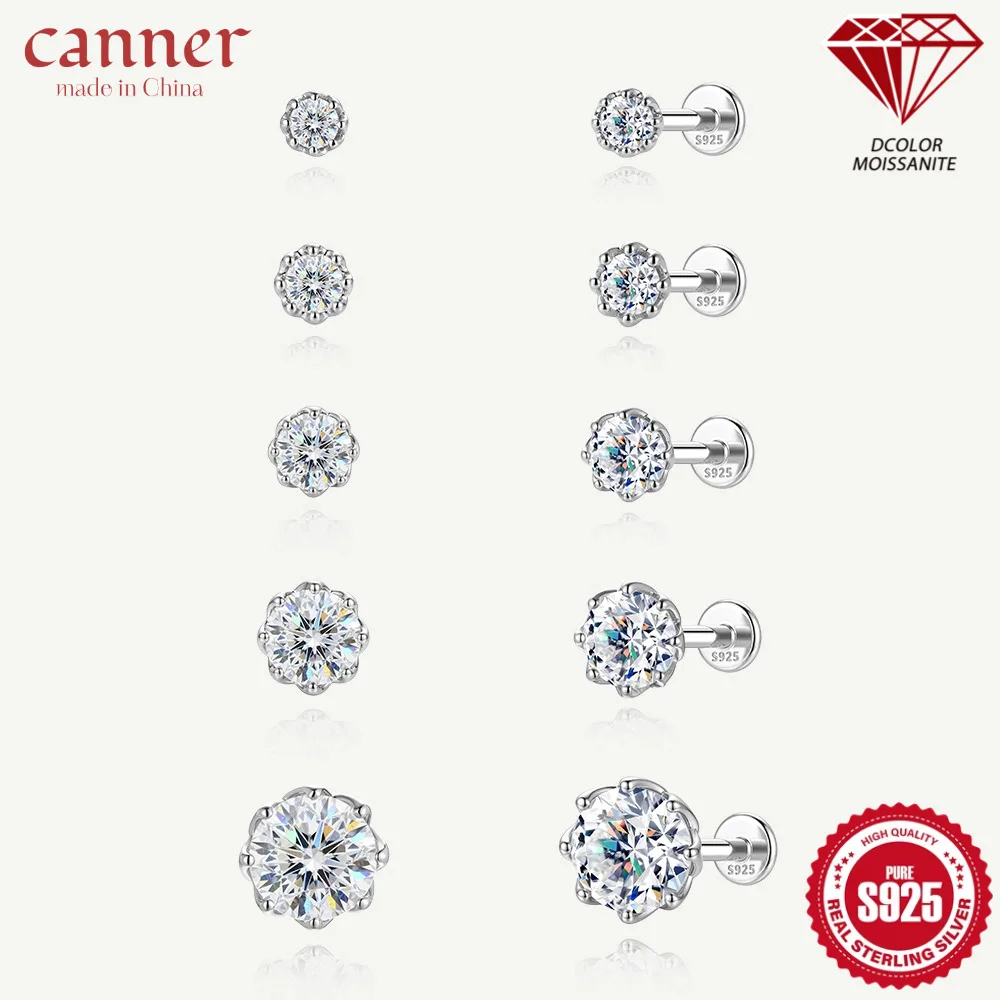 Canner 925 Sterling Silver Moissanite Flat Back Stud Earrings Multiple Sizes Minimalist Piercing Earrings Hypoallergenic Jewelry