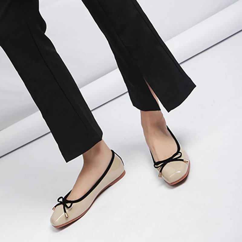 Comemore Leather Women Solid Ballerina Flats Plus Size 35-41 Office Shoes Ladies Black Espadrilles Square Toe Bow-knot Moccasins