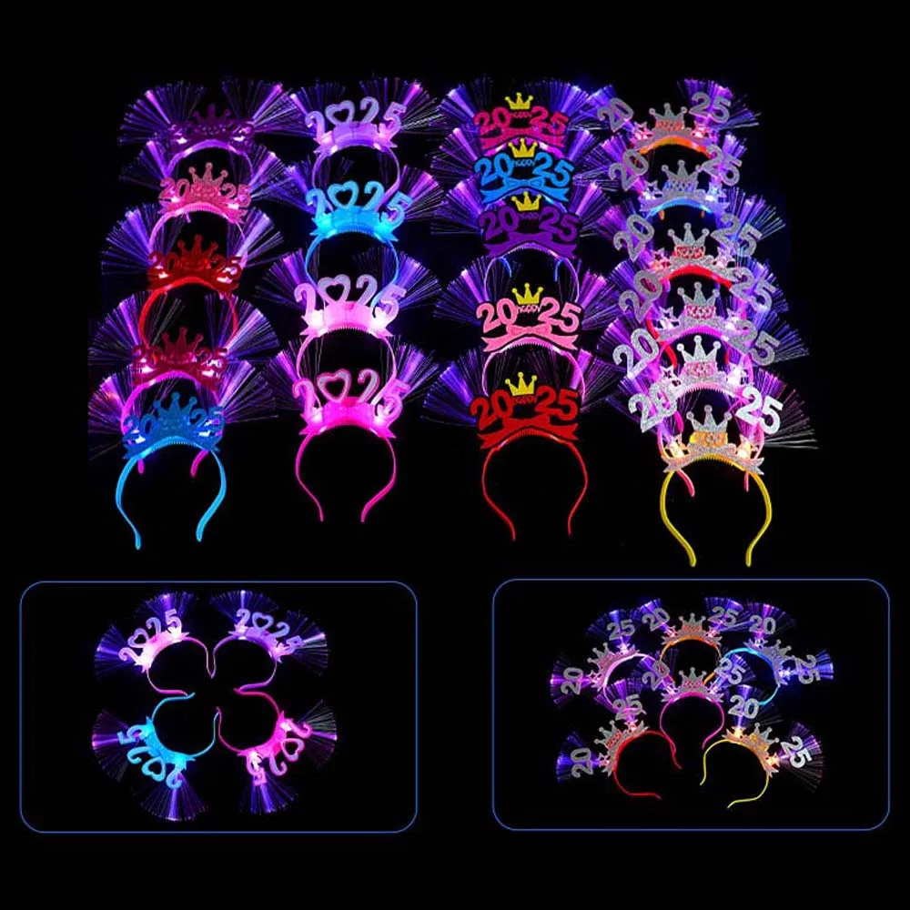 LED Glow 2025 Happy New Year Headband Number Letter Photographic Headwear LED Glow Hair Bands Colorful Optic Fiber Light Up