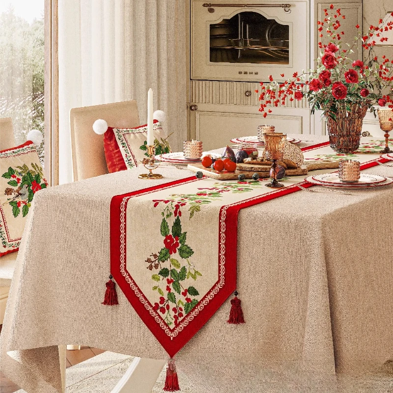 Christmas Table Runner for Dining Coffee Tea Table Decor Red Festive Tablecloth with Greenery Print Xmas New Year Celebration