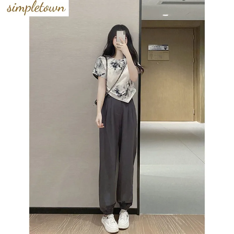 

Ink Set Women's 2023 Summer New Fashion Asymmetric Short Sleeve Top High Waist Casual Pants Temperament Two Piece Set