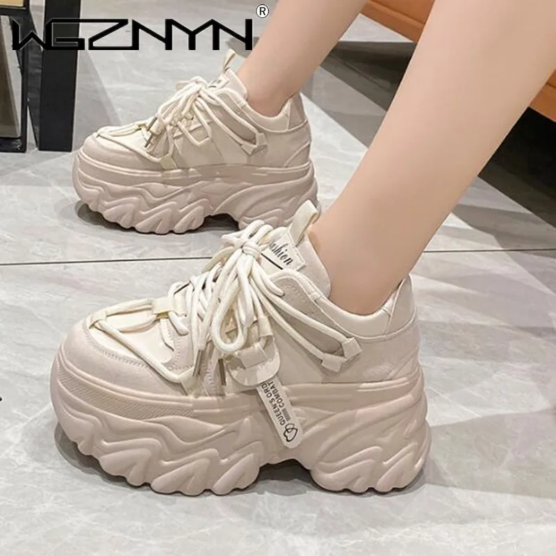 Autumn Breathable Thick Bottom Casual Shoes New 2024 Women\'s Chunky Leather Sneakers 8cm High Platform Ulzzang Sports Dad Shoes