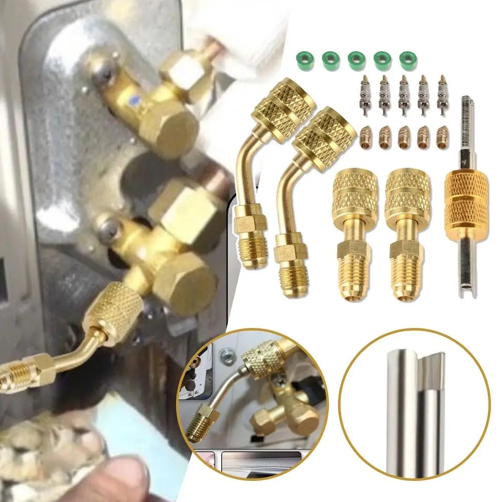 Adattatore per refrigerante di qualità premium Adattatore per rimozione adattatore da 45 gradi Nucleo R410A Adattatore per strumenti HVAC per strumento più recente Ottone La maggior parte delle valvole O9T1