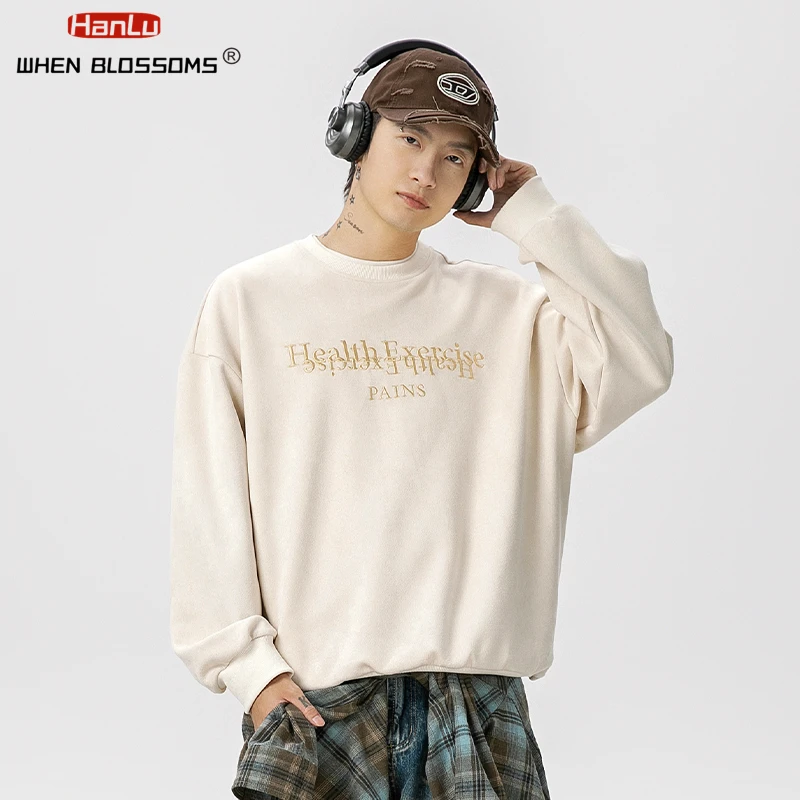 HANLU Texture Suede Letter Embroidered Round Neck Sweatshirt For Men\'s 2024 Autumn New American High Street Loose Hoodies