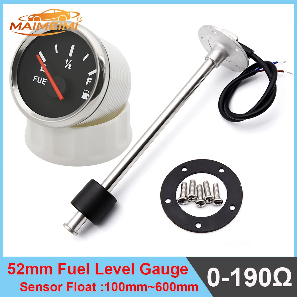 52mm Marine Boat Fuel Level Meter Indicator Gauge with Stainless Steel Fuel Level Sensor 0~190 ohm Fuel Sending Unit 100~600Mm
