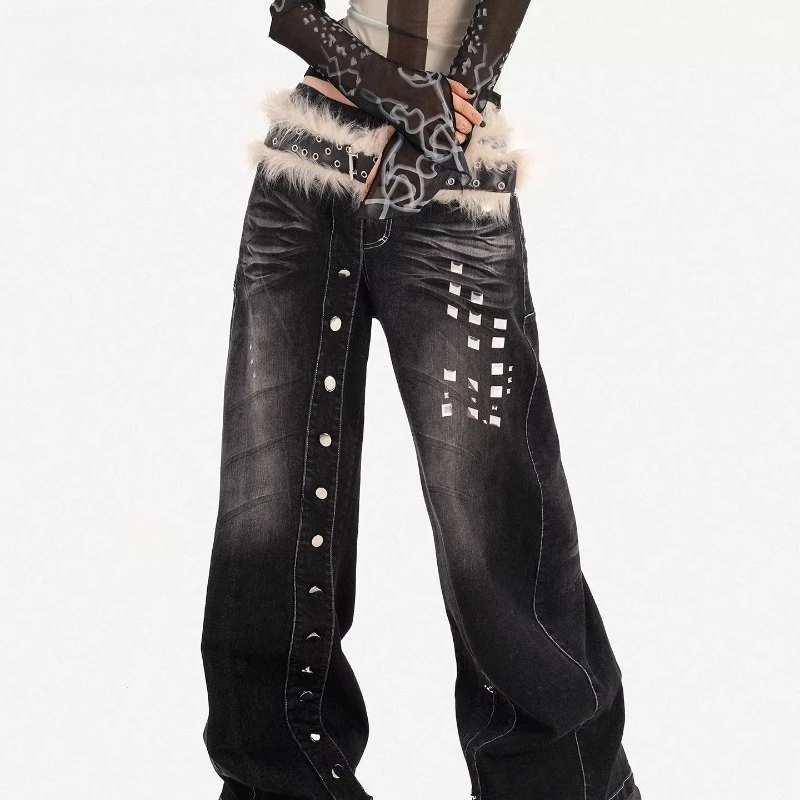 Original Retro Design Straight-Leg Women's Jeans 2026 Spring New Black Square Stud Punk Style Loose Wide-Leg Long Pants Ladies