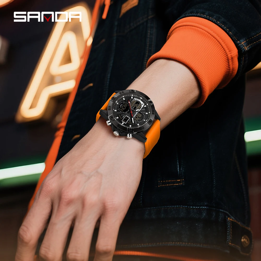 SANDA ساعة رياضية رجالية عصرية جديدة 6239 مع شاشات مزدوجة وحركات مزدوجة، هدية متعددة الوظائف مقاومة للماء 5ATM