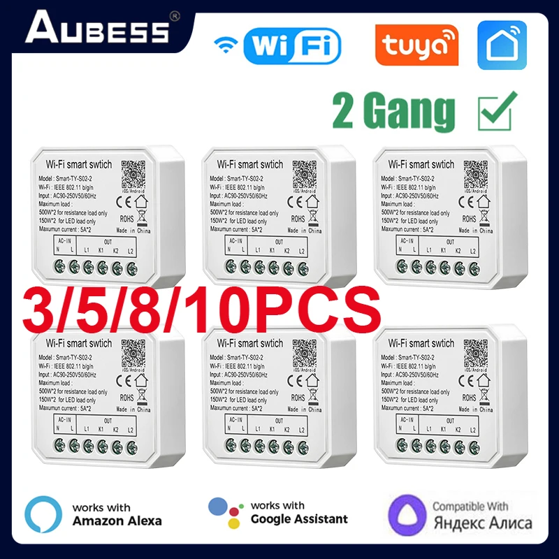 aubess 10A Wifi Smart Switch Smart Home Light Switches Module 2 gang Control Work with Tuya Smart Life Alexa Google Home Switch