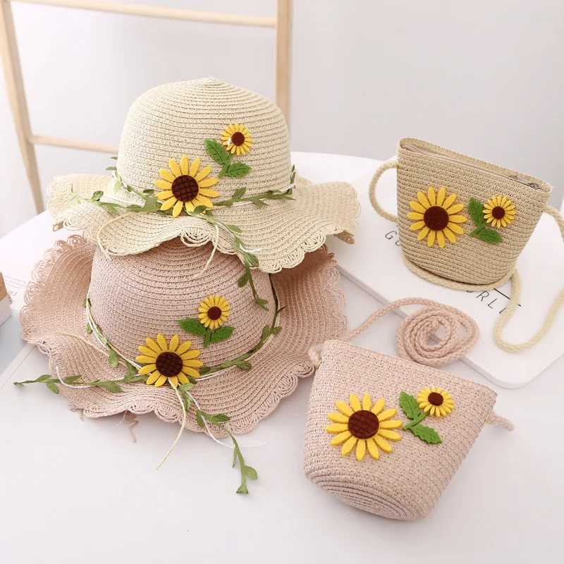 Cute Sun Hats for Kids Sunflower Summer Sun Hat Visor Cap Straw Hat Bag For Girls Kids Beach Travel Hat Girl Cute Sunscreen Cap