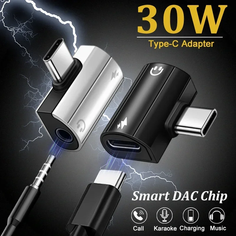 New Elbow USB Type C to 3.5mm Jack AUX Audio Headphone Converter Adapter Fast Charger 30W for Cell Phone Computer