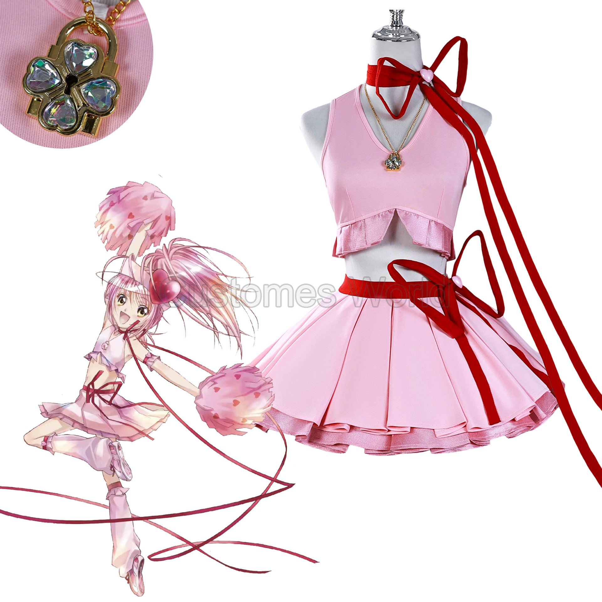 

Hinamori Amu Cosplay Costume Anime Shugo Chara Pink Top Skirt JK Combat Dress Set Role Play Outfit for Women Girls Halloween