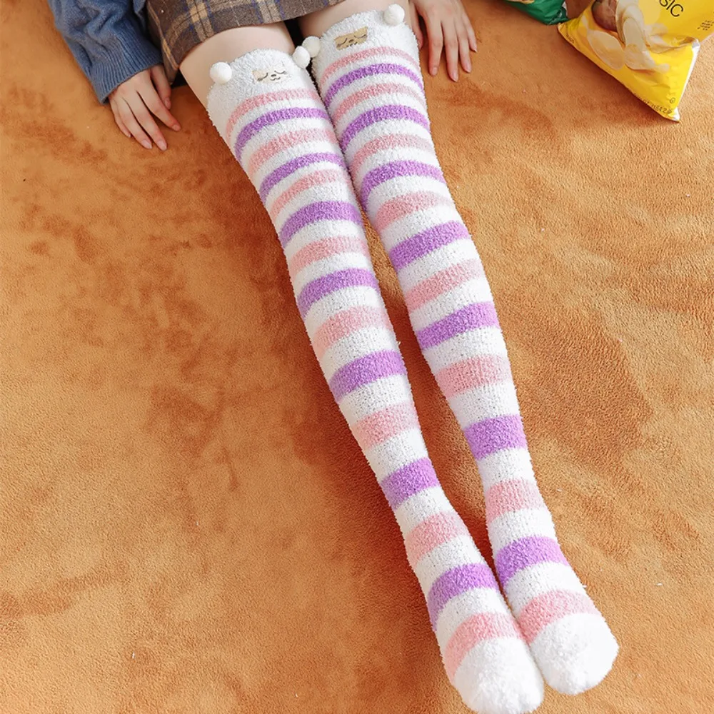 Sweet Striped Over-knee High Socks Bear JK Winter Stockings Women Hosiery Warm Coral Fleece Stockings Girls