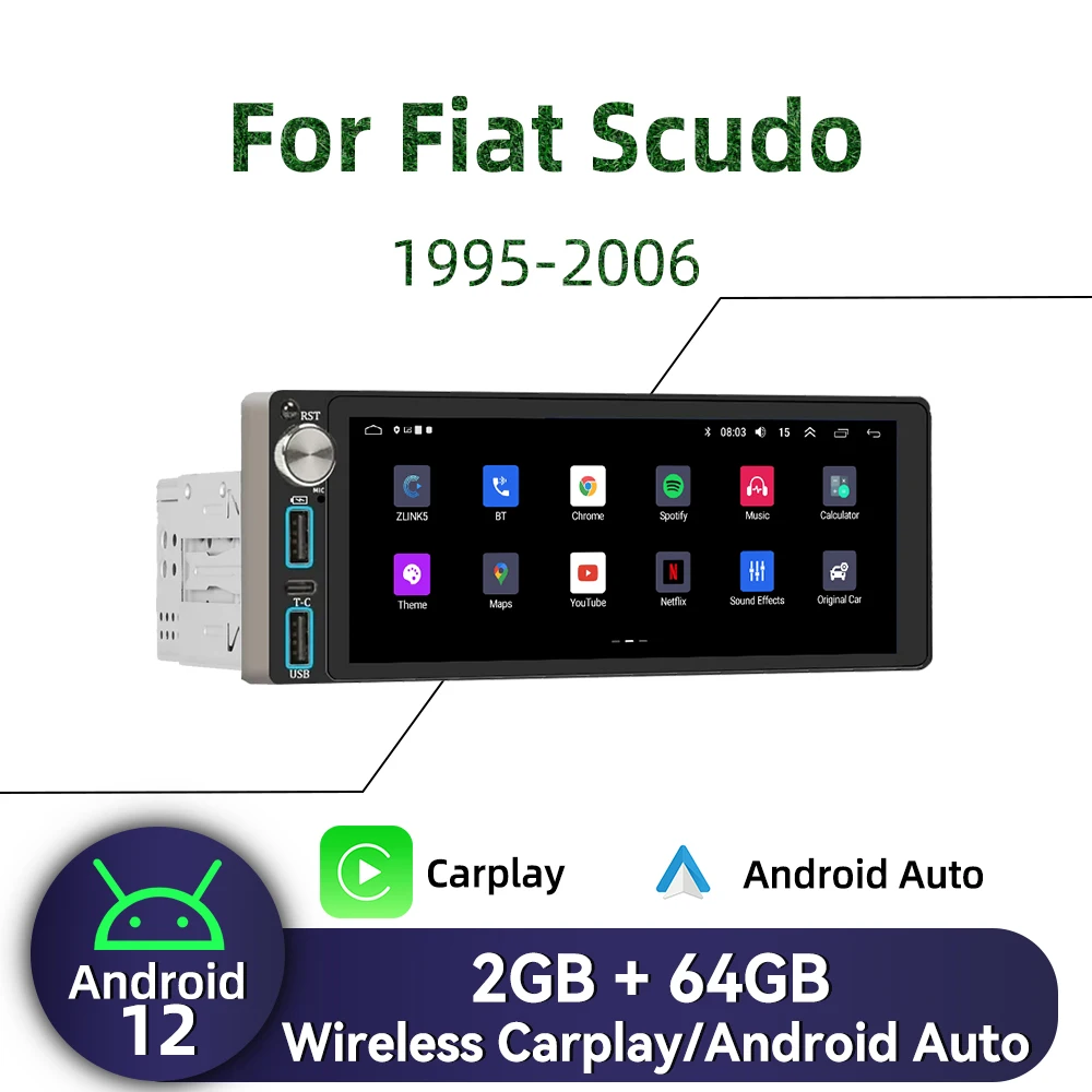 

Мультимедийный экран Carplay 6,86 дюйма, 1 Din, Android, автомобильное радио для Fiat Scudo 1995-2006, головное устройство, Авторадио, стерео, GPS, BT, навигация