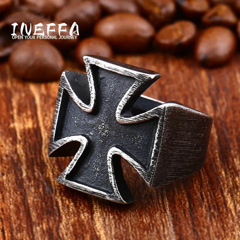 INEFFA European and American Vintage Ring Jewelry Stainless Steel Old Black Men Iron Cross Rings for Men Valentine\'s Day Gift