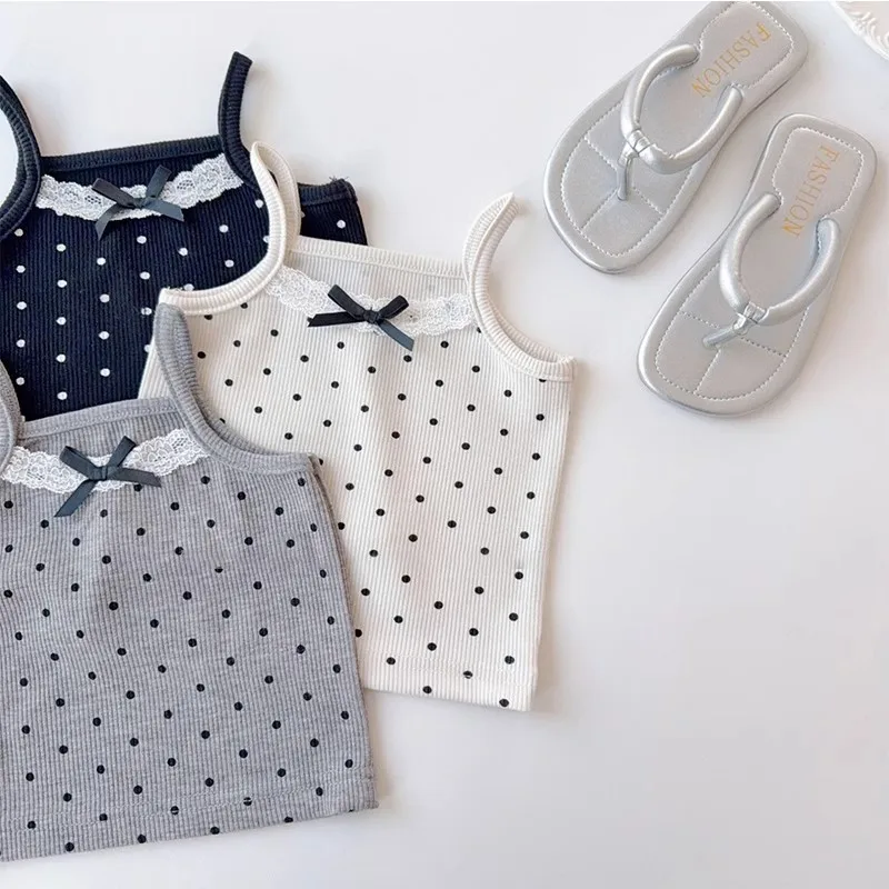 

2025 Summer New Baby Sleeveless Lace Bow Sling Cotton Girls Cute Polka Dot Sling Vest Toddler Breathable Tops Kids Clothes