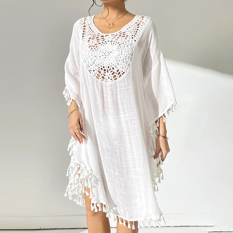 2025, Fransen, Quaste, Stickerei, halbe Ärmel, Tunika, Strand-Vertuschung, Vertuschungen, langes Strandkleid, Strandkleidung, Strandmode, weibliche Frauen