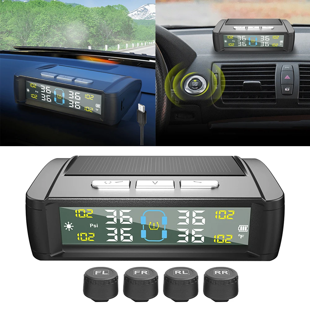 Black ABS  Aluminum Tire Pressure Monitoring System Tyre Temperature Monitor Solar/USB Powered Replacement Car Accessories