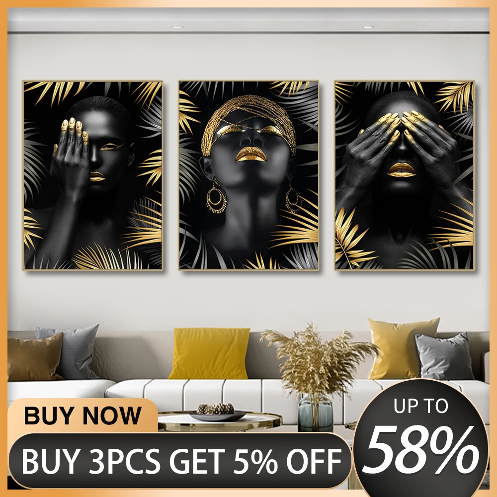 

African Make Up Women With Black Gold Leaves Canvas Painting Modern Figure Wall Art Poster for Living Room Home Decor No Frame