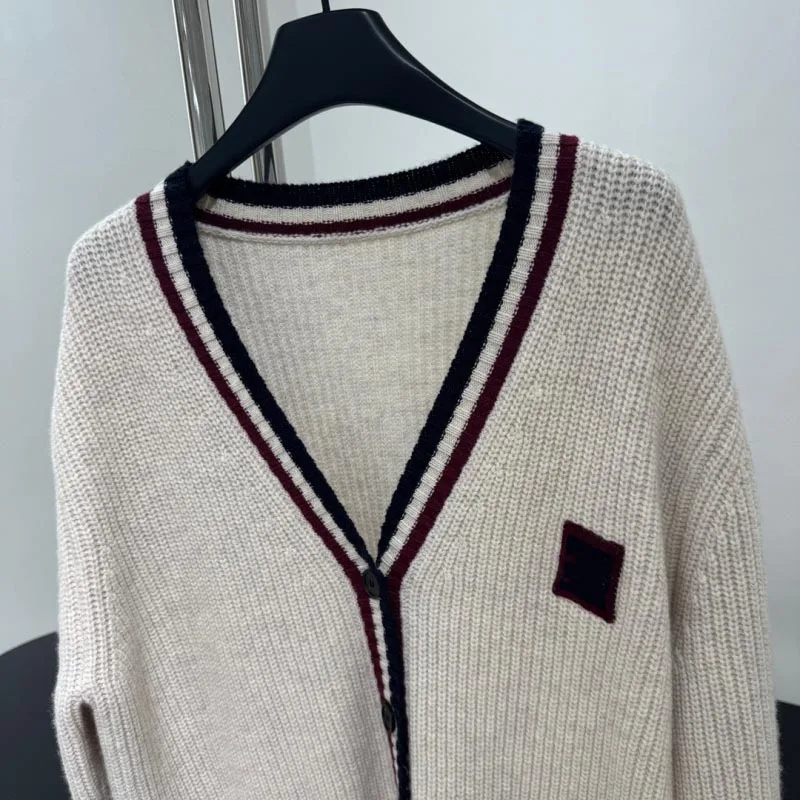 Lazy women\'s sweater fashionable loose casual contrasting color striped edge long sleeved knitted cardigan mid length