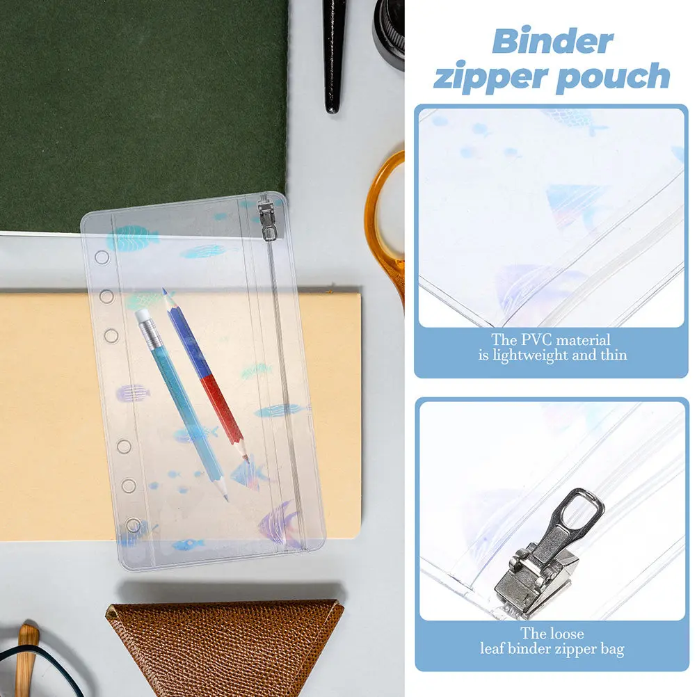 

2Pcs Ocean Series Loose-Leaf Binder Zipper Pouch PVC Detachable Document Pouch for 6-Hole Binders Budget Friendly School Supply