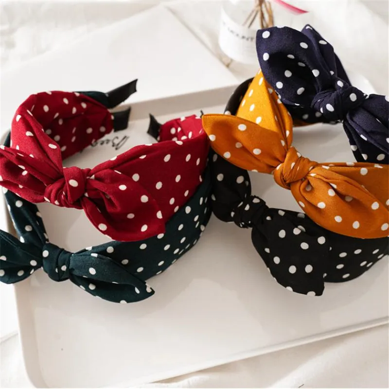 New Vintage Dot Print Bows Hair Hoop Women Headband Cute Rabbit Ears Lady Girls Hair Band Hairbands Hair Accessories