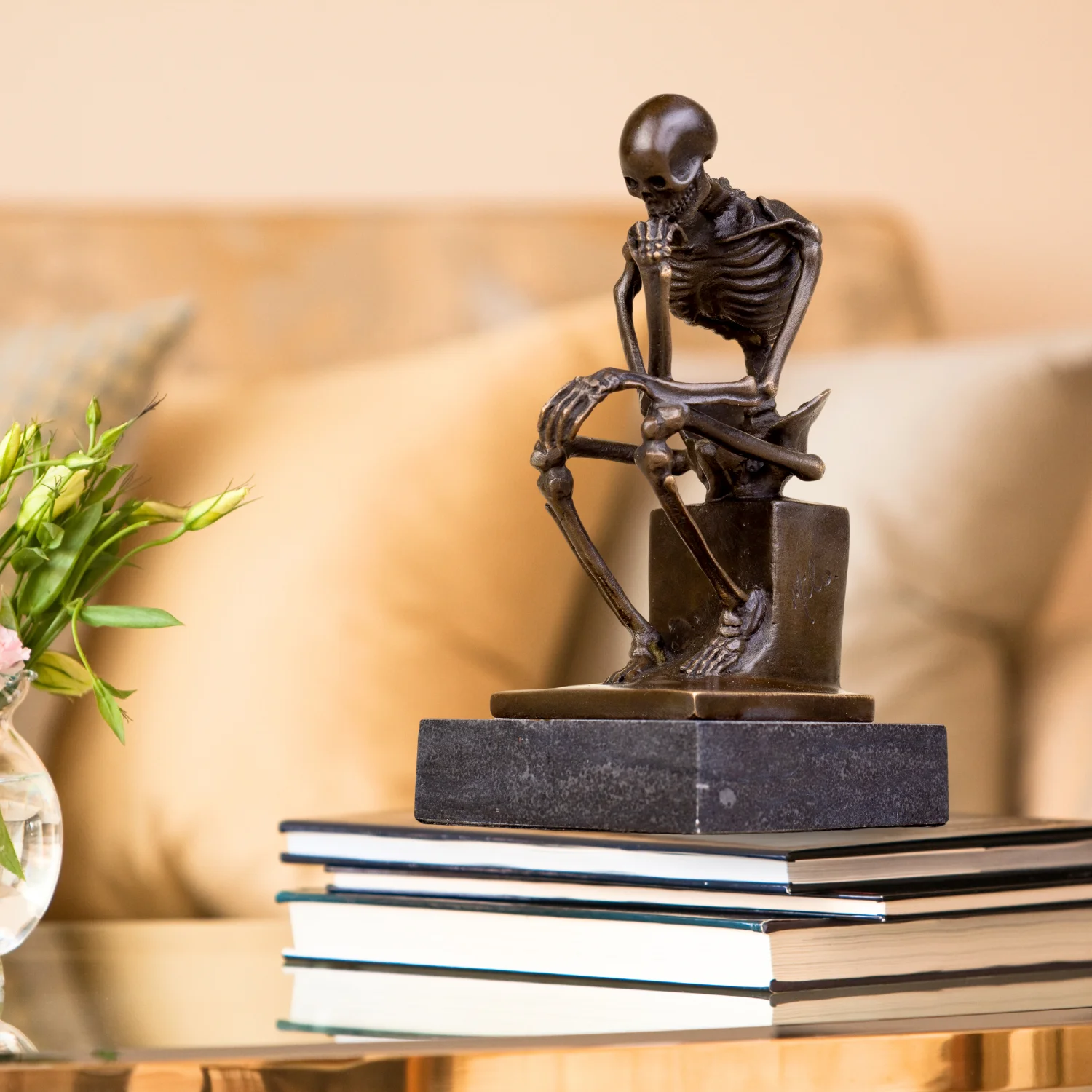 Abstract Skull Thinker Bronze Statue Bronze Casting Skull Skeleton Sculpture With Marble Base For Home Decor Antique Collection