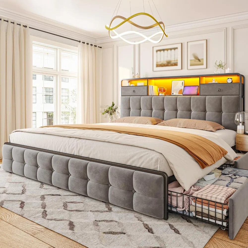 Estructura de cama tamaño King con cabecera tapizada y 6 cajones de almacenamiento, estructura de cama con luces LED y estación de carga