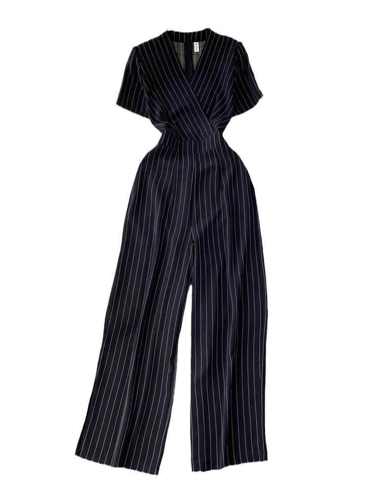 

High Waist Wide Leg Jumpsuit Women's Summer V-ne Vertical Stripes Long Jumpsuit Faion Casual Holiday Slim Fit One-Piece