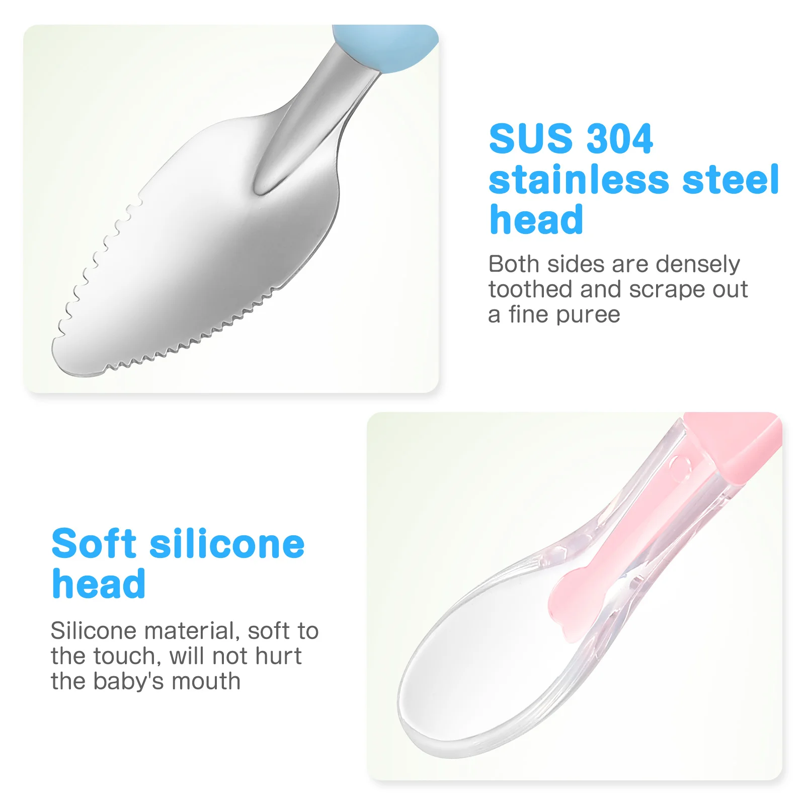 

2Pcs Kids Double-Headed Fruit Puree Spoon Silicone Handle Feeding Tool Non-Slip Snack Spoon Toddler Tableware