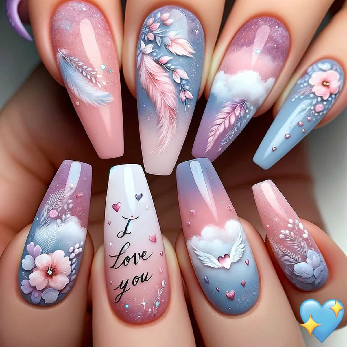 A full set of 24 long coffin-shaped ballet nails with flowers, clouds, feathers, I LOVE YOU monogram design, including 1 jelly g