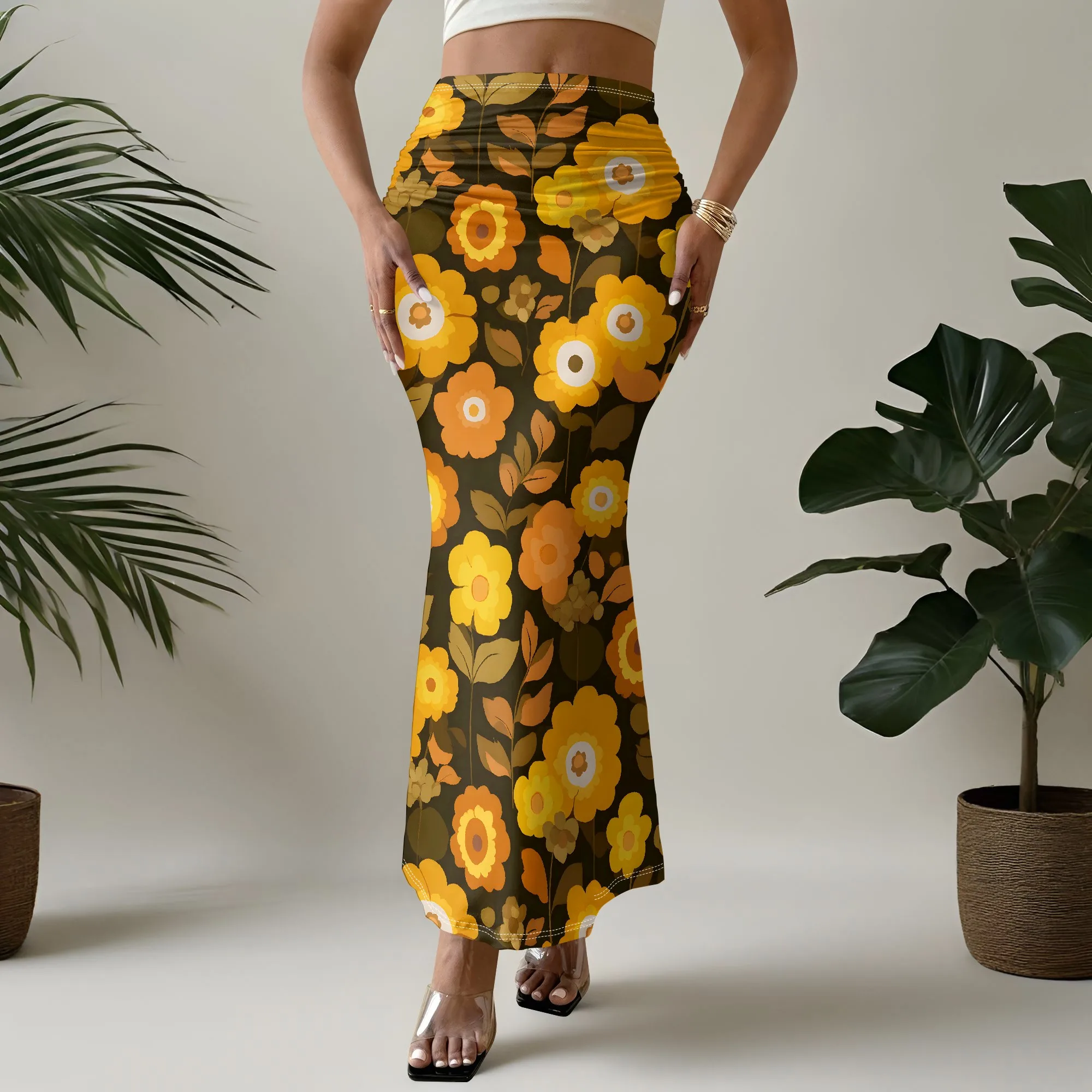 Floral Maxi Skirt, Yellow Daisy Print, Mermaid Hem, High Waist Design, Boho Summer Style, Beach Party Wear, S-2XL