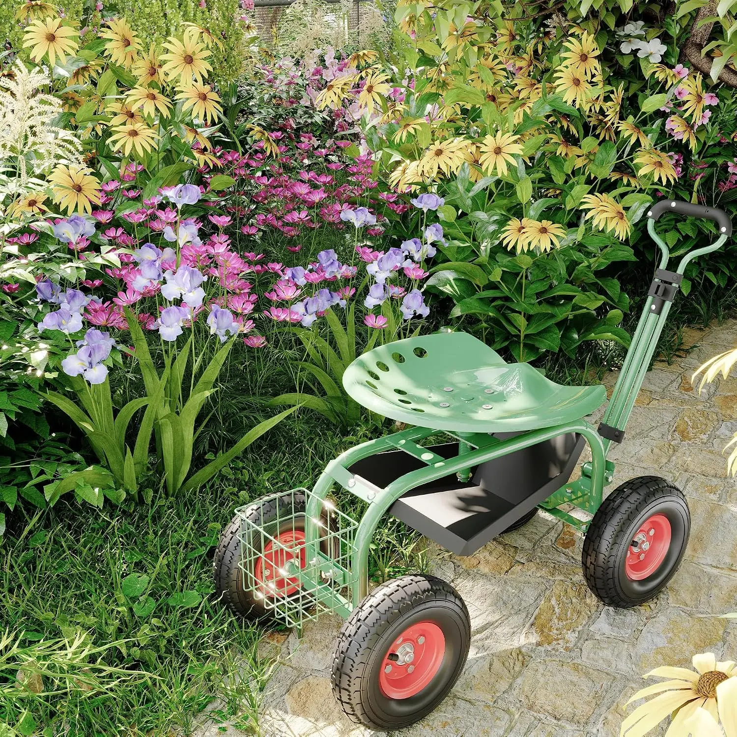 Garden Rolling Stool with 360° Swivel Seat, Inflatable Tires, Tool Tray & Extendable Steering Handle for Patio, Lawn, and Yard Work