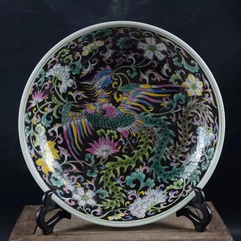 Chinese Black Famille Rose Porcelain Plate Qing Yongzheng Phoenix Pattern 8.3