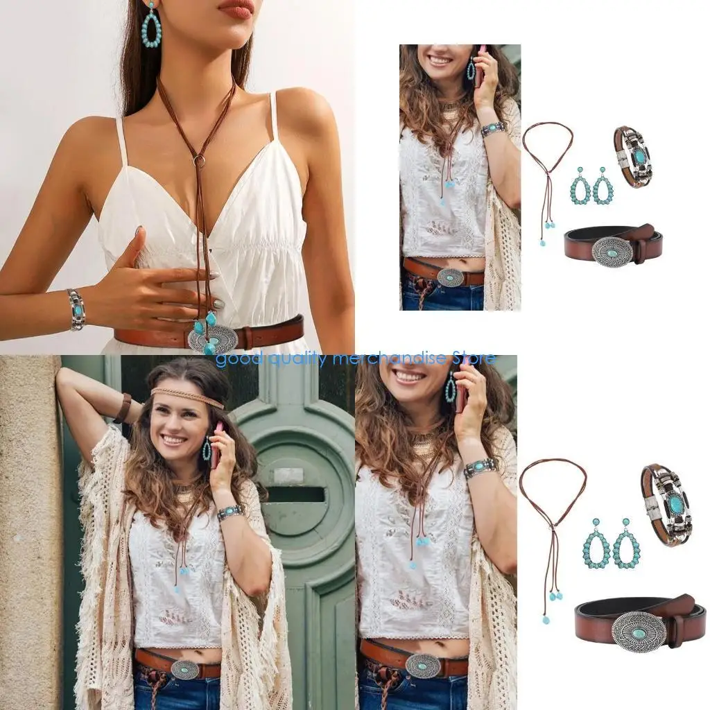 

Y5JD Artistic Styles Necklace Set Natural Turquoise Beads Vintage Chain Necklaces