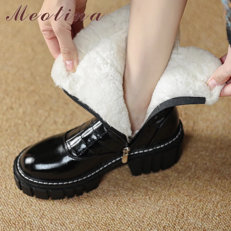 

Meotina Women Genuine Leather Ankle Boots Round Toe Platform Thick High Heels Fur Zipper Short Boots Ladies Fashion Shoes Winter