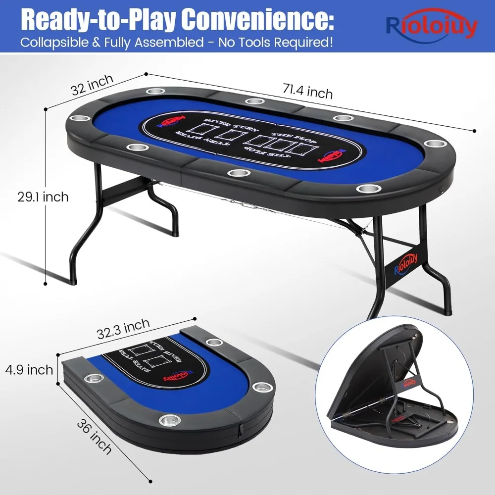 8 Player Poker Table Foldable,Holdem Poker Table,Portable Casino Table with Padded Rails and Cup Holders Poker Table top (71 in)