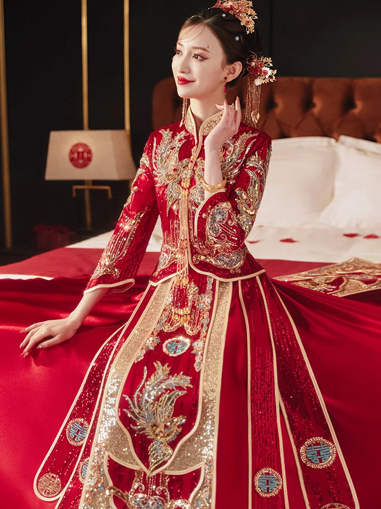 Luxurious Chinese Traditional Red Gold Wedding Dress Embroidery Tassel Hand Beaded Classic Cheongsam костюм для восточных