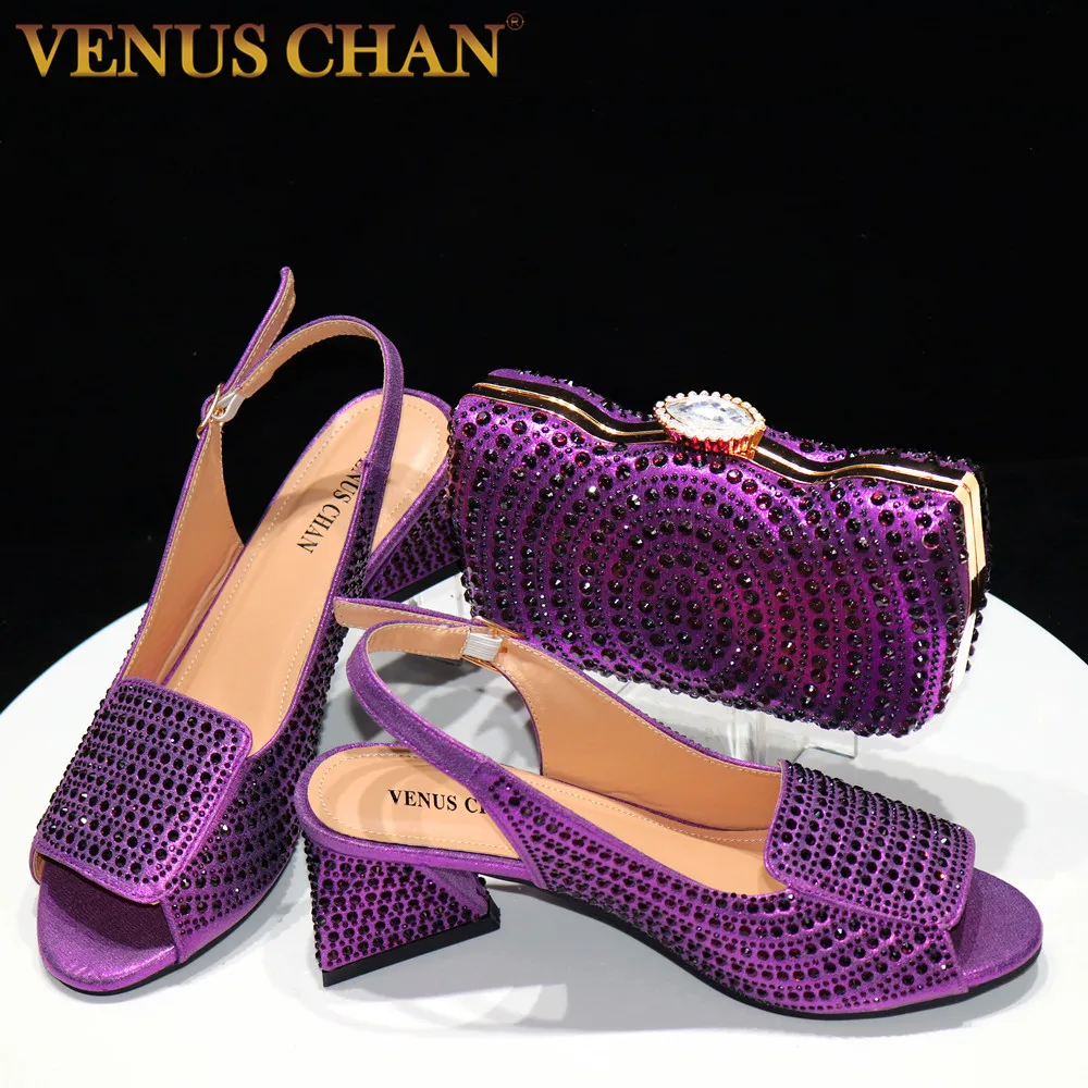 

Venus Chan High Heel Shoes and Bag Matching Set Nigerian Party for Woman Pumps Purple Color Elegant Rhinestone chunky heels 2024