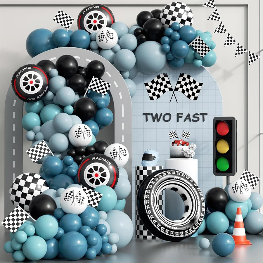 Rennwagen-Ballon-Girlanden-Set mit Staubblauem Kariertem Rad und Karierter Fahne Ballons für One Two Fast Geburtstagsparty-Dekoration