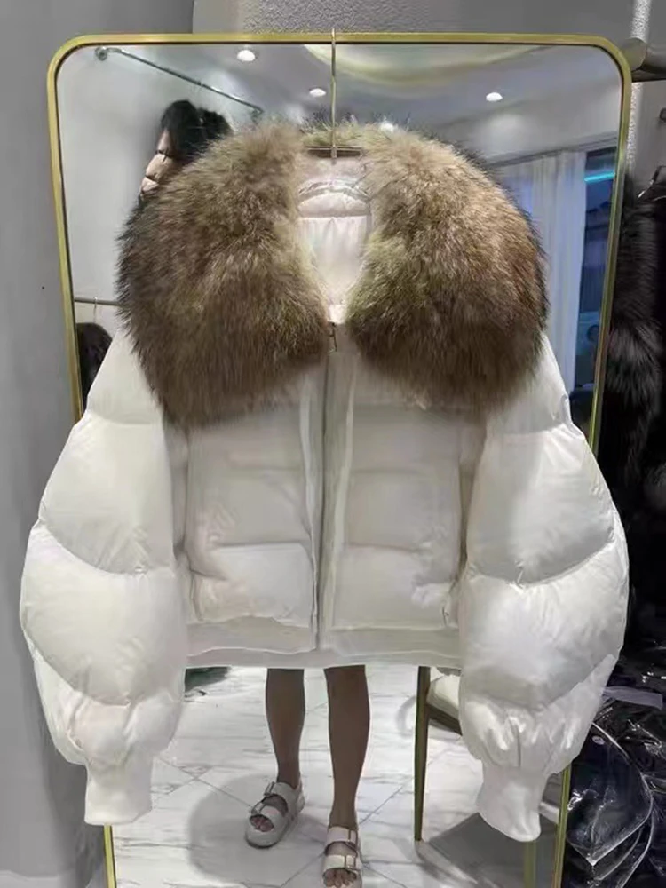 LANMREM-abrigo corto de algodón con cuello de piel grande para mujer, chaqueta cálida de plumón de pato blanco grueso, moda coreana, novedad de invierno, 2Z3024, 2024