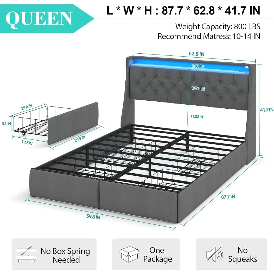 Queen Size Bed Frame with 4 Storage Drawers and LED Lights for Modern Bedrooms Upholstered Headboard with Built-in Charging Sta - Image 2