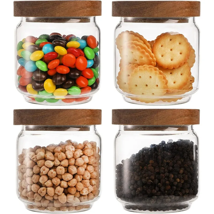 

Bekith, 4 упаковки, 15 фЛО-унций, 450 мл, стеклянные банки для хранения продуктов с крышками из акации, герметичные герметичные стеклянные канистры для хранения Te