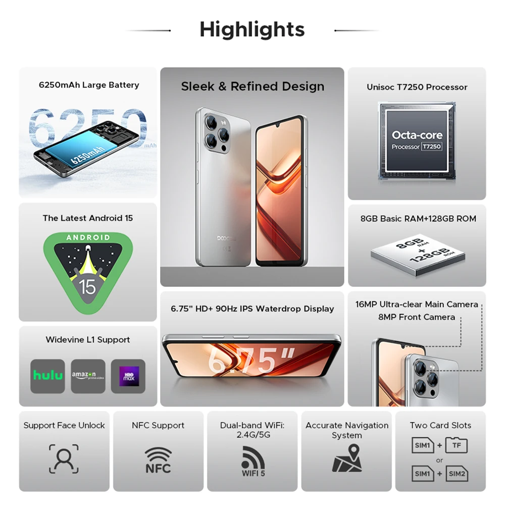 الإصدار العالمي DOOGEE Note 58 الذكي 32 جيجابايت (8 + 24) 128 جيجابايت 6.75 بوصة HD + 90 هرتز 6250 مللي أمبير بطارية كبيرة UNISOC T7250 NFC أندرويد 15